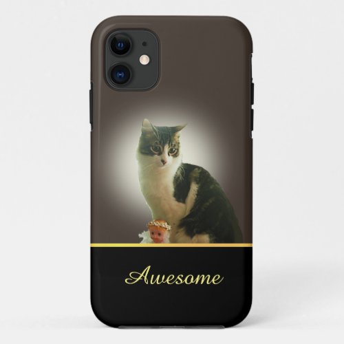 Cute Tabby Cat Angel  Calligraphy on Brown iPhone 11 Case