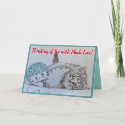 Cute Tabby Cat Aqua Drawing Cat Art Greetings Card