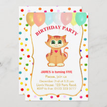 Cute Tabby Cat, Balloons and Confetti Birthday