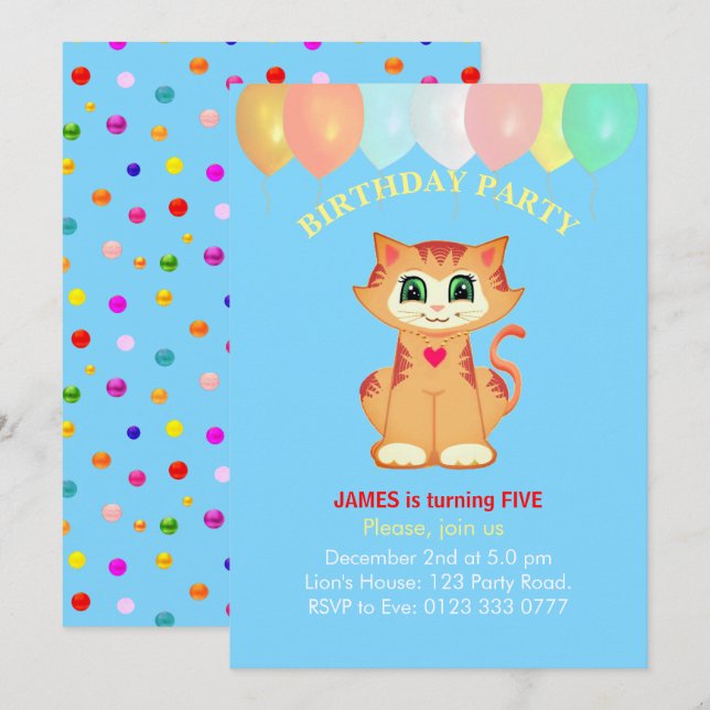 Cute Tabby Cat, Balloons and Confetti Birthday Invitation (Front/Back)