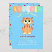 Cute Tabby Cat, Balloons and Confetti Birthday