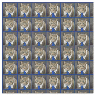 Cute Tabby Cat Brown Wearing Blue Tie Fabric