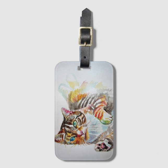 Cute Tabby Cat cats Watercolour Art Luggage Tag (Front Vertical)