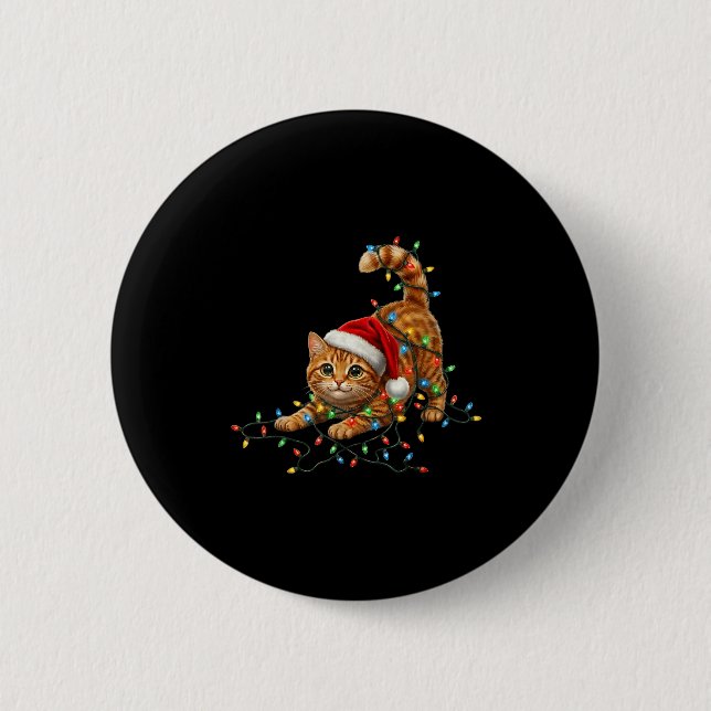 Cute Tabby Cat Christmas Funny Lights Xmas Cat In  Button (Front)