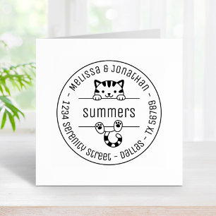 Cute Tabby Cat Couple Family Round Address Rubber Stamp