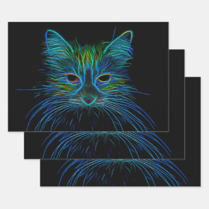 Cute Tabby Cat Design Blue Green Black Pop Art Wrapping Paper Sheets