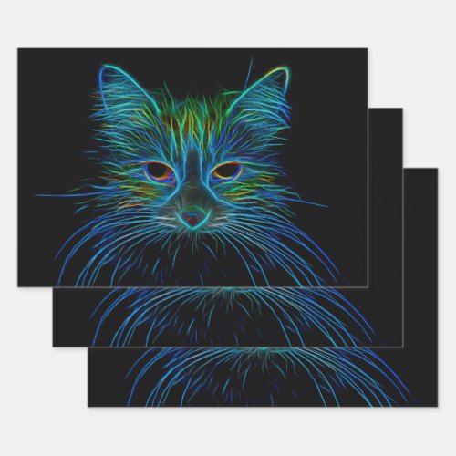 Cute Tabby Cat Design Blue Green Black Pop Art Wrapping Paper Sheets