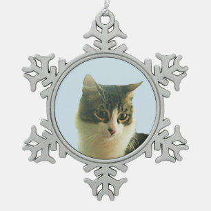 Cute Tabby Cat Face Snowflake Pewter Christmas Ornament