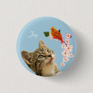 Cute Tabby Cat, Flowers and Red Little Bird Button