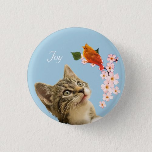 Cute Tabby Cat Flowers and Red Little Bird Button