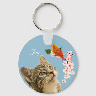 Cute Tabby Cat, Flowers and Red Little Bird Keychain