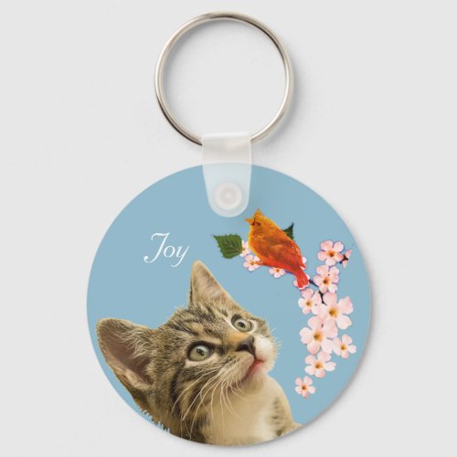 Cute Tabby Cat Flowers and Red Little Bird Keychain