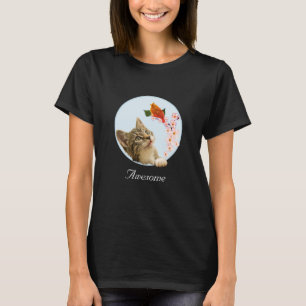 Cute Tabby Cat, Flowers and Red Little Bird T-Shi T-Shirt