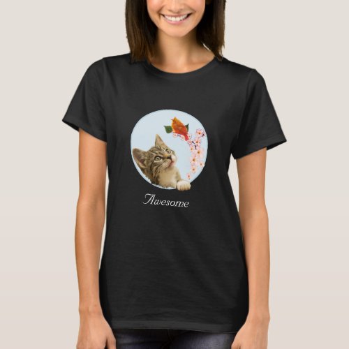 Cute Tabby Cat Flowers and Red Little Bird  T_Shi T_Shirt