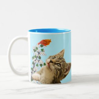 Cute Tabby Cat, Flowers & Bird on Light Blue