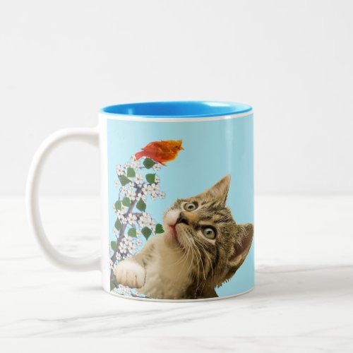 Cute Tabby Cat Flowers  Bird on Light Blue Two_Tone Coffee Mug