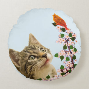 Cute Tabby Cat, Flowers & Birdy on Light Blue Round Pillow