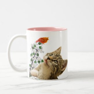 Cute Tabby Cat, Flowers & Little Bird 