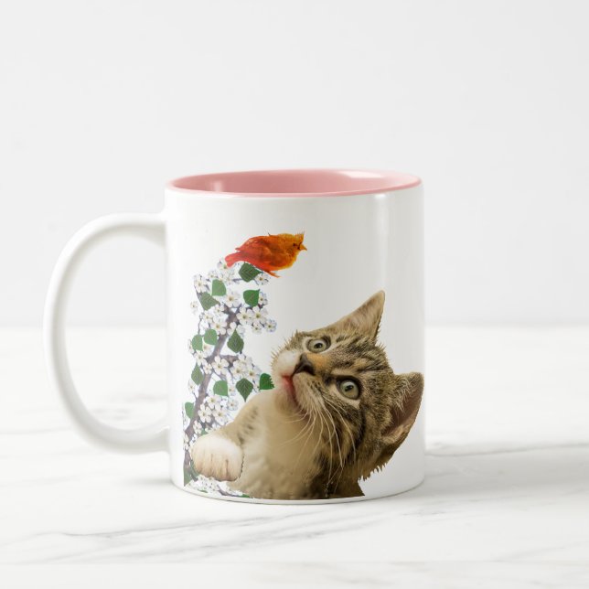 Cute Tabby Cat, Flowers & Little Bird  Two-Tone Coffee Mug (Left)