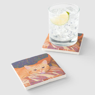 Cute Tabby Cat Funny Orange Pet Stone Coaster