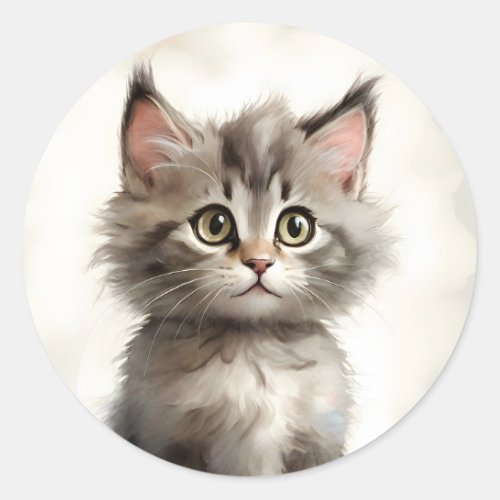 Cute Tabby Cat Green Eyes Portrait  Classic Round Sticker