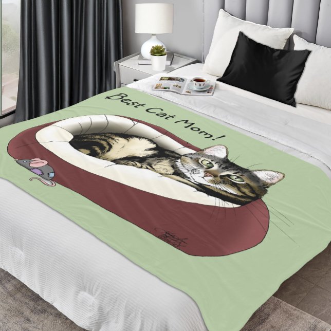 Cute Tabby Cat Green Mother’s Day Fleece Blanket (Creator Uploaded)