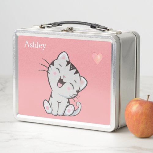 Cute Tabby Cat  Heart on Light Pink Metal Lunch Box