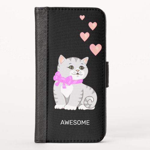 Cute Tabby Cat  Hearts on Black iPhone X Wallet Case