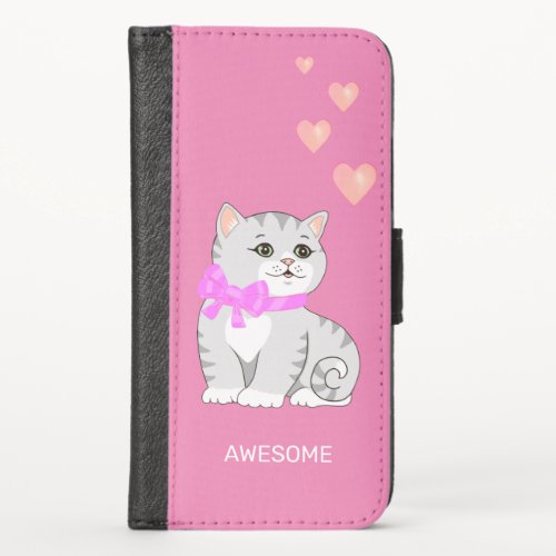 Cute Tabby Cat  Hearts on Pink iPhone X Wallet Case