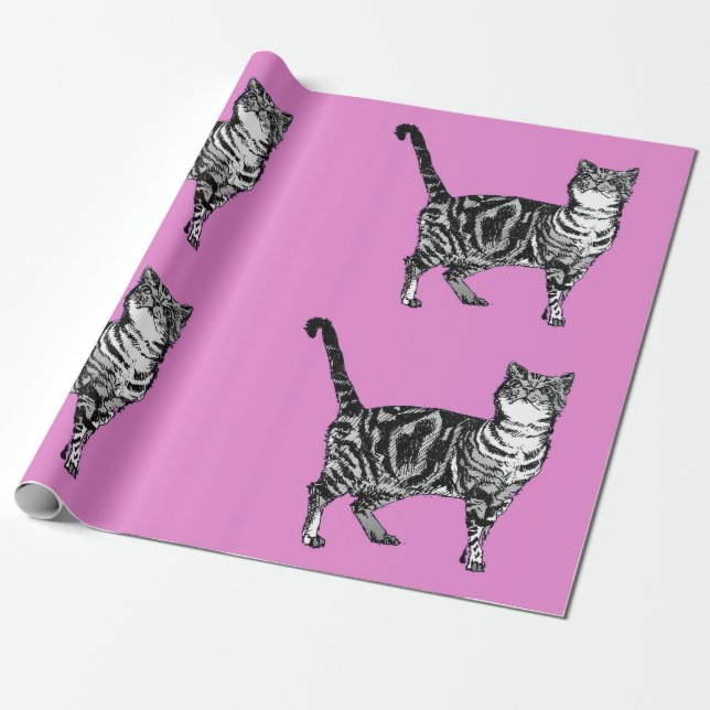 Cute Tabby Cat Hot Pink Colorful art Wrapping Paper (Unrolled)