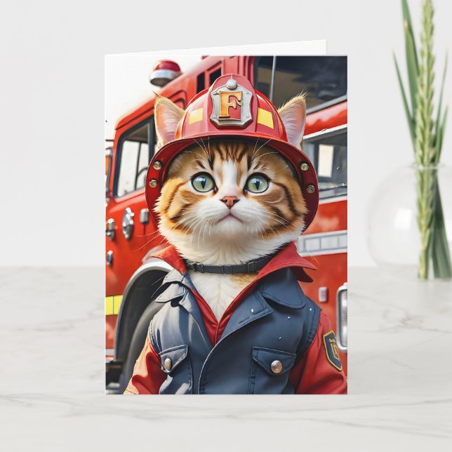 Cute Tabby Cat in Firefighter Uniform Watercolor Card (Front)