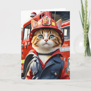 Cute Tabby Cat in Firefighter Uniform Watercolor Card