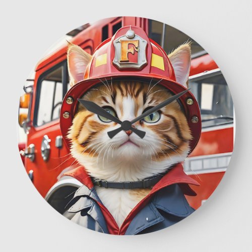 Cute Tabby Cat in Firefighter Uniform Watercolor Large Clock