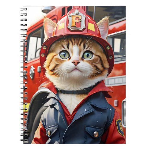 Cute Tabby Cat in Firefighter Uniform Watercolor Notebook