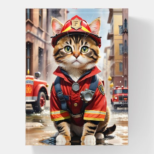 Cute Tabby Cat in Firefighter Uniform Watercolor Paperweight