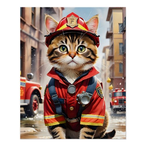 Cute Tabby Cat in Firefighter Uniform Watercolor Poster