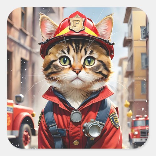Cute Tabby Cat in Firefighter Uniform Watercolor Square Sticker