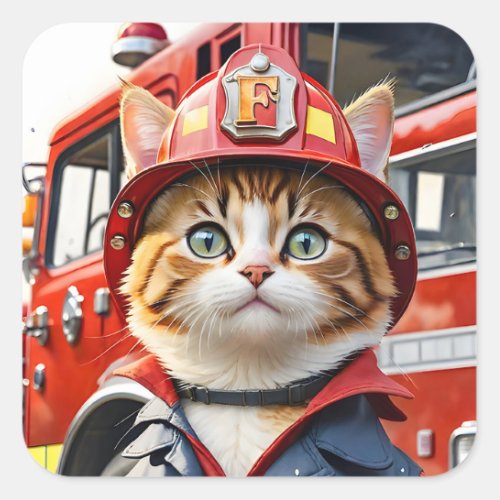 Cute Tabby Cat in Firefighter Uniform Watercolor Square Sticker