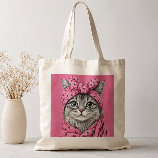 Cute Tabby Cat in Retro Pink Polka Dot Bandana Tote Bag