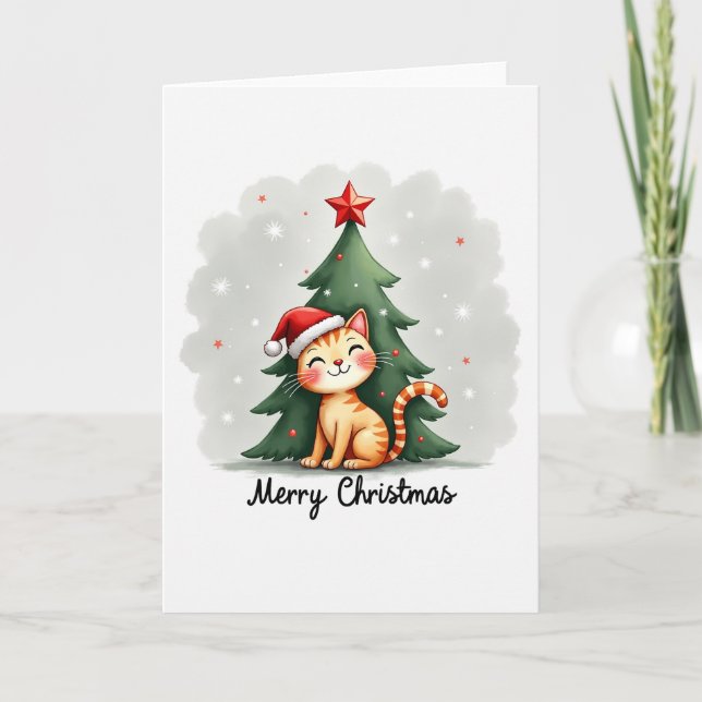 Cute Tabby cat in Santa Hat Christmas Card (Front)