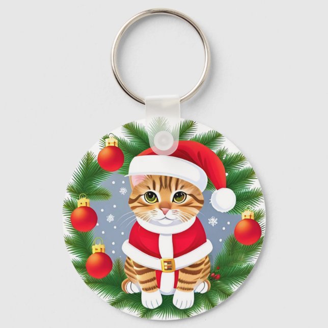 Cute Tabby Cat in Santa Outfit Keychain (Front)