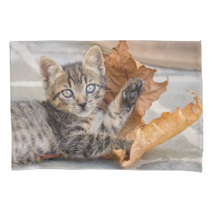 Cute Tabby Cat Kitten Playing With a Leaf - Pillow Case
