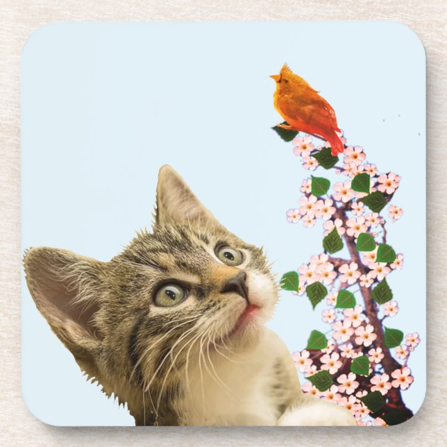 Cute Tabby Cat & Little Bird on Light Blue Beverage Coaster (Front)