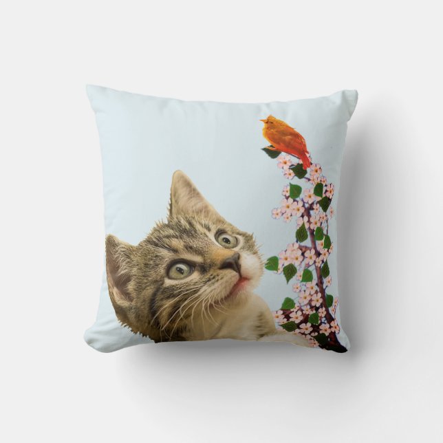 Cute Tabby Cat & Little Bird on Light Blue Throw Pillow (Front)