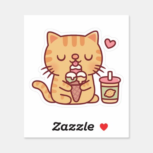 Cute Tabby Cat Loves Eating Ice Cream Sticker