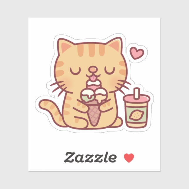 Cute Tabby Cat Loves Eating Ice Cream Sticker (Sheet)