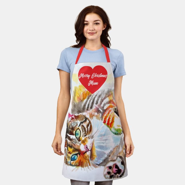 Cute Tabby Cat Merry Cats Christmas Mothers  Apron (Worn)