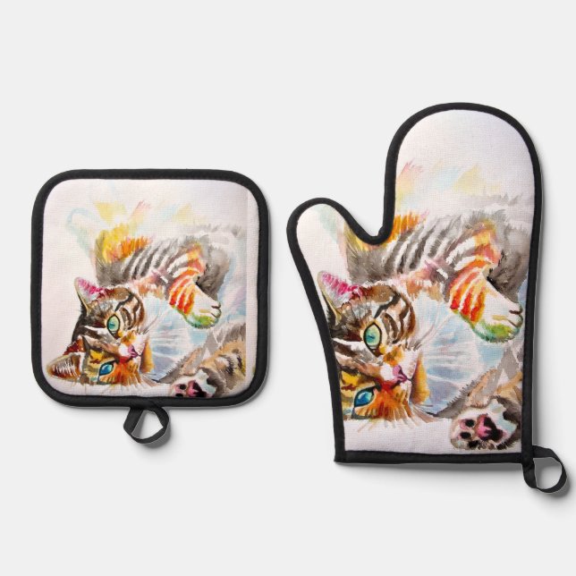 Cute Tabby Cat Merry Cats Christmas Mothers  Oven Mitt & Pot Holder Set (Front)