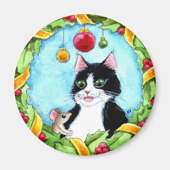 Cute tabby cat, mouse, Christmas winter snow Magnet (Front)