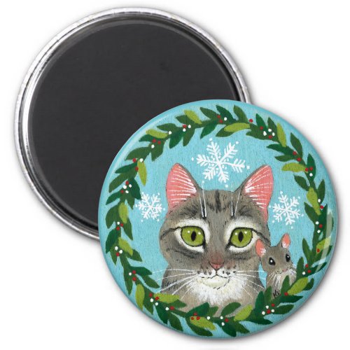 Cute tabby cat mouse Christmas winter snow Magnet